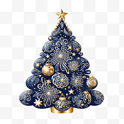 海报圣诞节蓝色图片_圣诞图案与金色玩具杉树时尚圣诞
