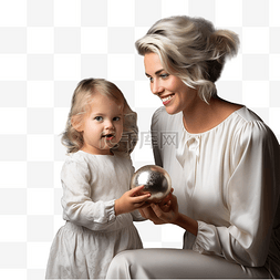 拿玩具的宝宝图片_母亲和女儿在圣诞树旁拿着圣诞玩
