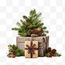 带松树和圣诞玩具装饰的天然圣诞