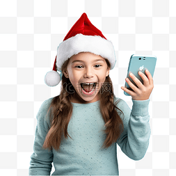 蓝帽子标志图片_蓝墙上戴着圣诞帽的小女孩做电话