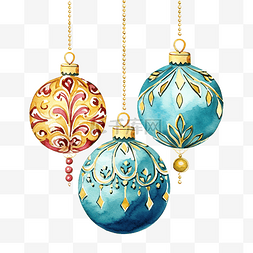 水彩彩色圣诞球，用于金色装饰的