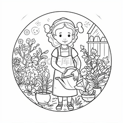 卡通园艺花图片_彩页中的女孩正在浇花