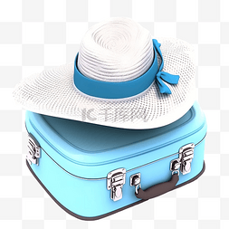 3d票图片_蓝色手提箱旅行行李带白帽 3D 插