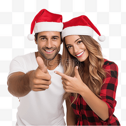 在一起恋人图片_戴着圣诞帽的夫妇在圣诞节自拍，
