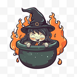 可爱的女巫在一个装满燃烧液体的