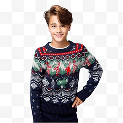 尤克里里男孩图片_穿着圣诞毛衣和尤克里里琴的少年