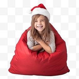 小女孩坐在大红色麻袋里，房间里