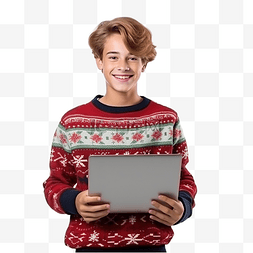 情绪的人图片_穿着圣诞毛衣拿着笔记本电脑的少