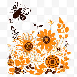 模板剪贴画橙色花卉和蜜蜂设计矢