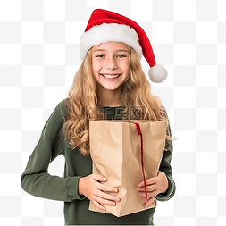 戴着圣诞帽的女孩拿着装满礼物的