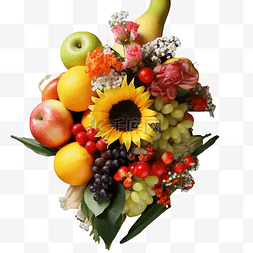蔬菜花卉水果图片_木桌上的水果新鲜花束平躺感恩节