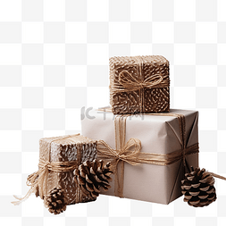 乡村元素图片_圣诞礼品盒和木制锥体的冷杉树枝