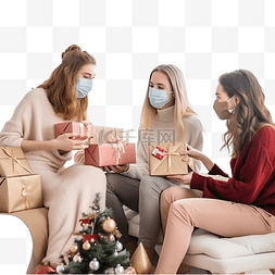 一群戴着面具的朋友在家交换圣诞