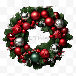 圣诞松枝球图片_圣诞花环绿松枝和红银圣诞球