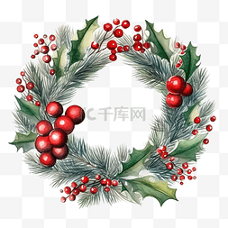 水彩手绘花和叶图片_圣诞冷杉花环，配有装饰品和球