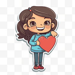 卡通可爱女孩抱着一颗心贴纸 向