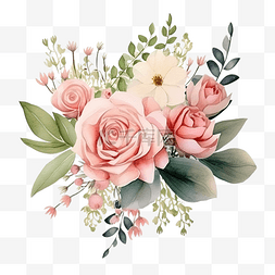 绽放的玫瑰图片_水彩插花插圖花卉花束與玫瑰和綠