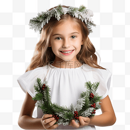 戴花环的小女孩图片_圣诞树附近穿着白色连衣裙戴着漂