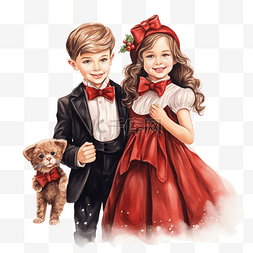 红色衣服的小女孩图片_圣诞快乐的孩子们穿着优雅衣服的