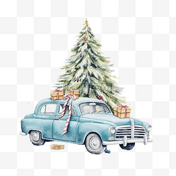 卡通可爱汽车图片_车里的圣诞树，还有礼品盒