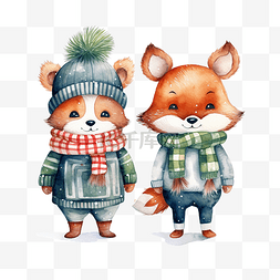 插画狐狸图片_水彩圣诞节和冬季狐狸熊猫鹿熊冬