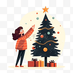 礼物盒喷出礼物图片_一个女孩站在圣诞树附近，扔出一
