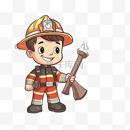 安全教育漫画图片_一个穿着消防员制服拿着斧头的男