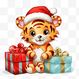 可爱的小老虎图片_一个可爱的圣诞节插图，其中有一