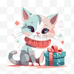 卡通拿着礼物图片_可爱的圣诞猫 向量