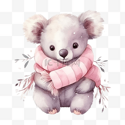 冬天毛皮图片_冬天戴着粉色围巾的水彩考拉熊
