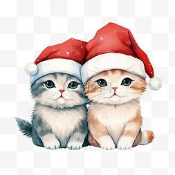 卡通圣诞节帽子图片_可爱又有趣的卡哇伊两只猫戴着圣