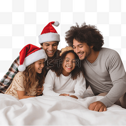 小孩和圣诞礼物图片_圣诞节早晨，混血家庭在卧室的床