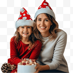 一位年轻的母亲和她戴着圣诞帽的