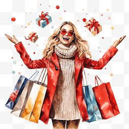 售货员商店图片_拿着很多购物袋庆祝圣诞假期的女