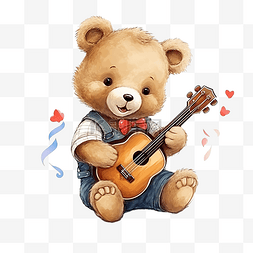 孤立的泰迪熊弹吉他插图剪贴画卡