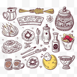 黑白线描食物图片_涂鸦风格的 maslenitsa 假期或煎饼日