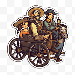 两个男人和一个女人骑着马车剪贴
