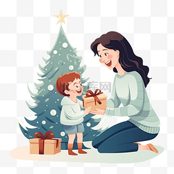 圣诞儿子图片_妈妈在圣诞树附近给儿子一份圣诞