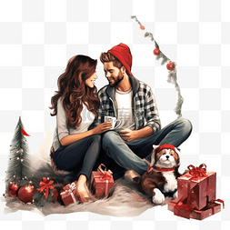 热吻图片_男孩和女孩坐在床上，上面有圣诞