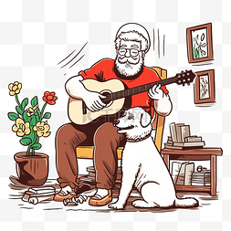 男图片_手绘老人弹吉他与涂鸦风格的狗插