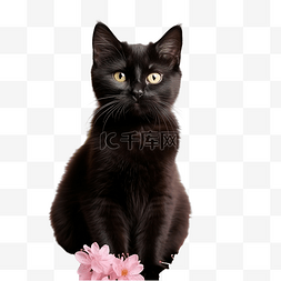 春天的花朵背景上的黑猫