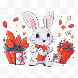 盒子刀模线图片_可爱的兔子角色兔子，带花束和胡