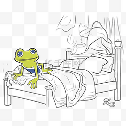 婴儿的日常图片_着色页小青蛙在床上清晨醒来黑白