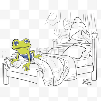 着色页小青蛙在床上清晨醒来黑白矢量