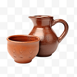 古老杯子图片_一个棕色粘土壶，白色背景上有一