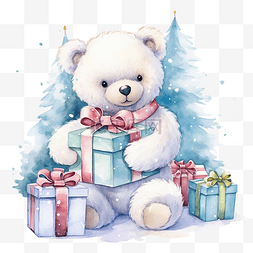 礼品盒插画图片_水彩白熊圣诞贺卡和礼品盒