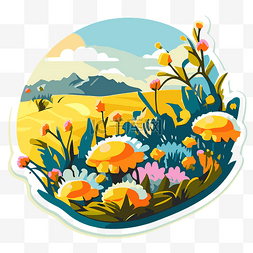 五颜六色的野花图片_卡通风景贴纸与五颜六色的野花 