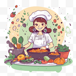 烹饪剪贴画女孩做饭用蔬菜卡通插