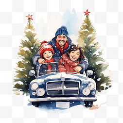 圣诞雪地车图片_雪下，一家三口在一辆有圣诞树的