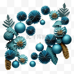 k图片_带有蓝纸圣诞树和球装饰的组合物